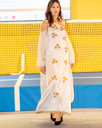 Abito Greco Monospalla con Fiori in Oro-1